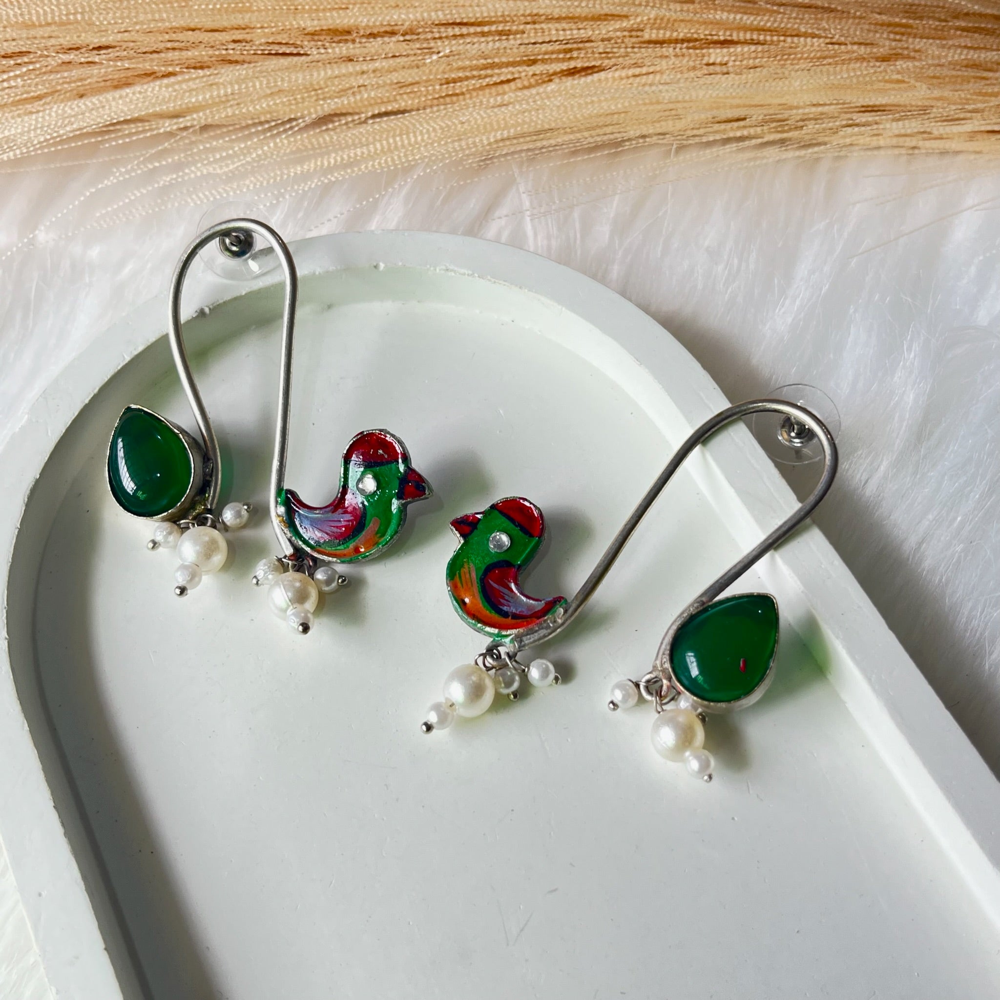 Green Chidiya Silver Earrings